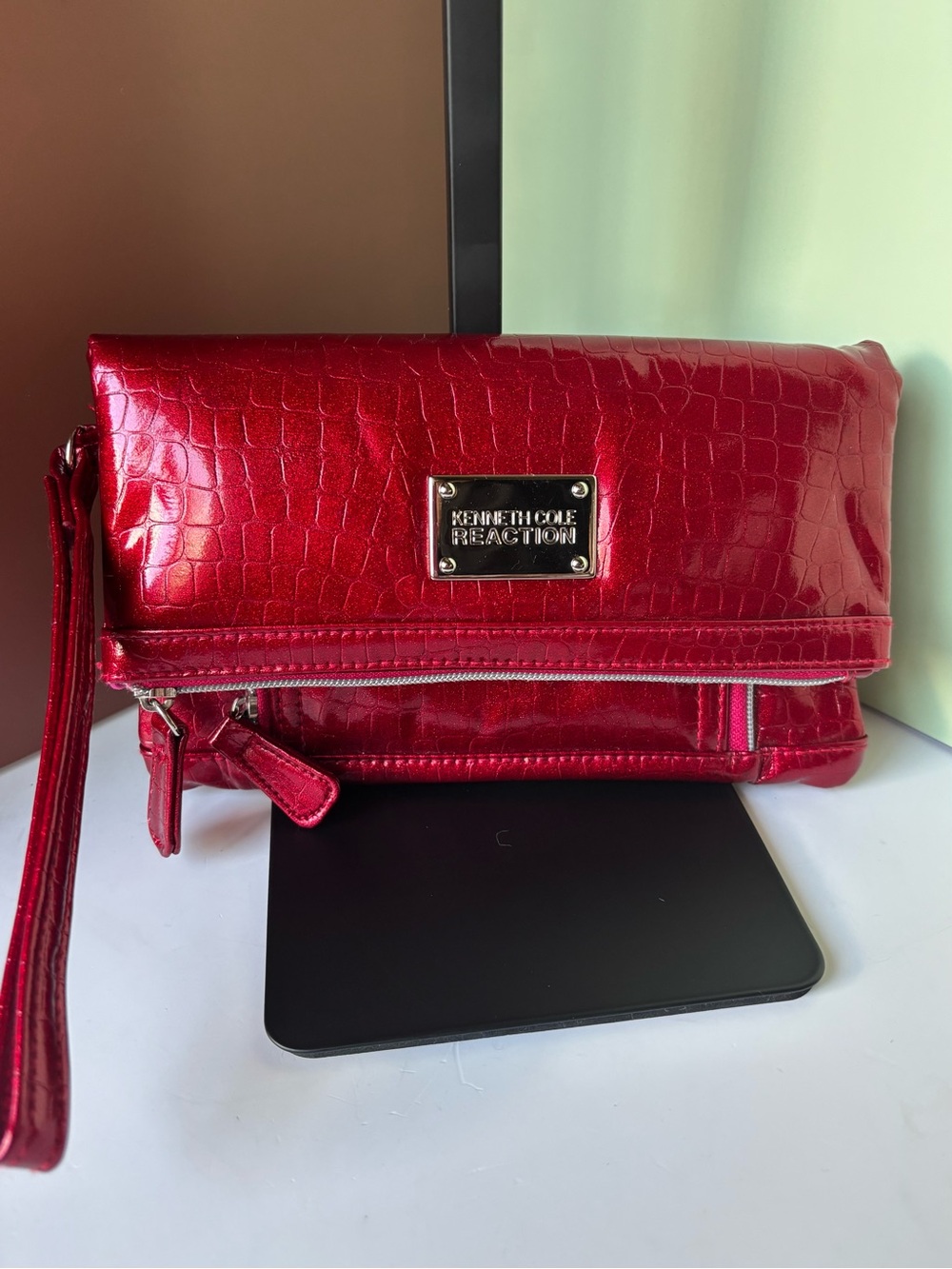 KENNETH COLE Red Croc-Embossed Fold-Over Wristlet